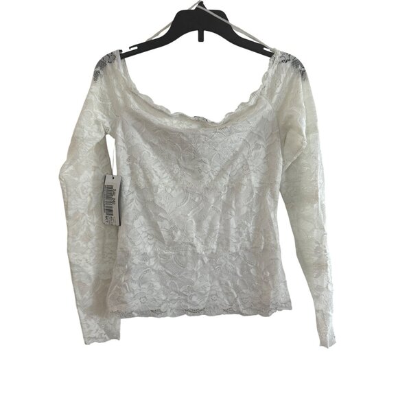 Guess Lace Long Sleeve Top Womens XS Nylon Spandex White Floral Lace-Up Boho - Picture 2 of 8